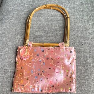 Elegant Pink Embroidered Handbag with Bamboo Handles vintage